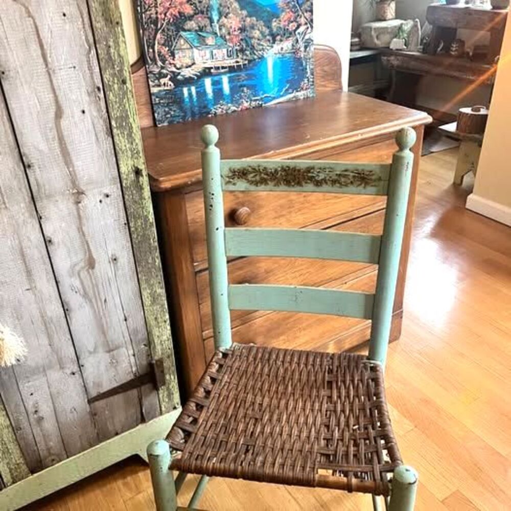 Antique Hand Painted Robin Egg Blue Green Woven Wicker Wooden Chair 34" Country